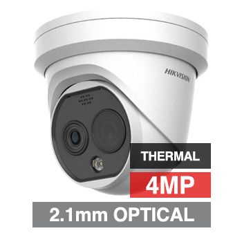 HIKVISION, 4MP Thermal & Optical Fusion Outdoor Turret camera, White, 2.1mm fixed lens (optical), 1.8mm fixed lens (thermal), IR, WDR, Day/Night (ICR), 1/2.7" CMOS, H.265 & H.265+, IP66, 12V DC/PoE