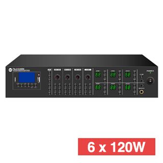 CMX, 6 Zone, Matrix power amplifier, 120W RMS per zone , Outputs 100V line and 4-16 Ohms, 6 Zones with volume, 3 balanced mic inputs, 3 unbalanced aux inputs, MP3 player, FM tuner, DAB+, Bluetooth,