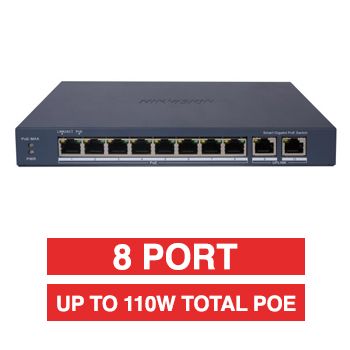 HIKVISION, 8 Port Gigabit Ethernet POE network switch, Unmanaged, 8x 10/100/1000Mbps PoE ports, 1x Gigabit RJ45 & 1x SFP Uplink, Max port output 30W power, Total POE power up to 110W, IEEE802.3af/at