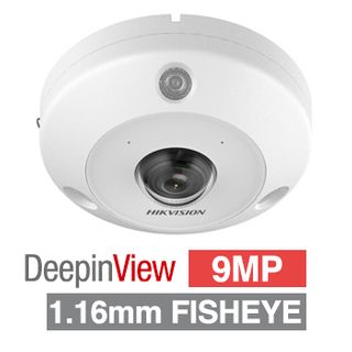 HIKVISION, 9MP DeepinView HD-IP Fisheye camera, White/Black, 1.16mm fixed lens, 15m IR, Built in Mic, DWDR, Day/Night (ICR), 1/1.8" CMOS, H.265/H.265+, 12V DC/PoE, IP67/IK10