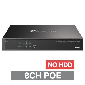 TP LINK, HD-IP POE+ NVR, 8 channel POE+ (802.3af/at), 80Mbps bandwidth, NO HDD (1x 16TB max), 2x USB2.0, 1 Audio In/Out, HDMI/VGA (simultaneous)
