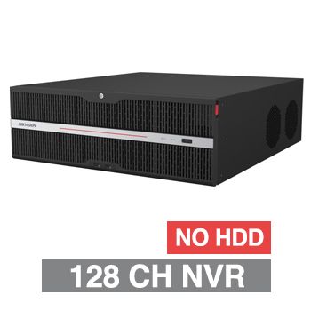 HIKVISION, HD-IP PoE NVR, 128 channel, 1024Mbps bandwidth, Up to 16x SATA HDD (16x 16TB max), RAID, VMD, USB/Network backup, Ethernet, 2x USB2.0 & 2x USB3.0, 1 Audio In/Out, 2x HDMI/1x VGA