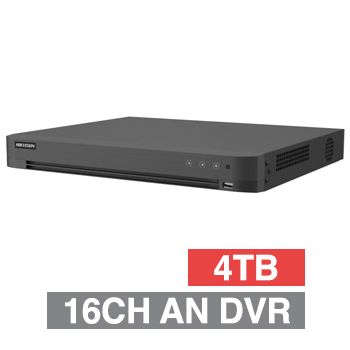 HIKVISION, AcuSense Analogue Turbo HD DVR, 16 ch, 16ch IP support (32ch Total), 1x 4TB SATA HDD (2x 12TB max), Motion 2.0, USB/Network backup, Ethernet, 2x USB, 1 Audio In/1 Out, HDMI/VGA/BNC outputs