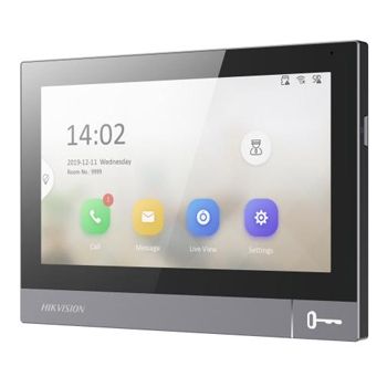 HIKVISION, 2nd Gen, Room station, 7" IPS Touchscreen 1024x600, Video, Colour, Hands free, 8CH alarm inputs, Call tone mute with indicator, WiFi, White, 12V DC, POE,
