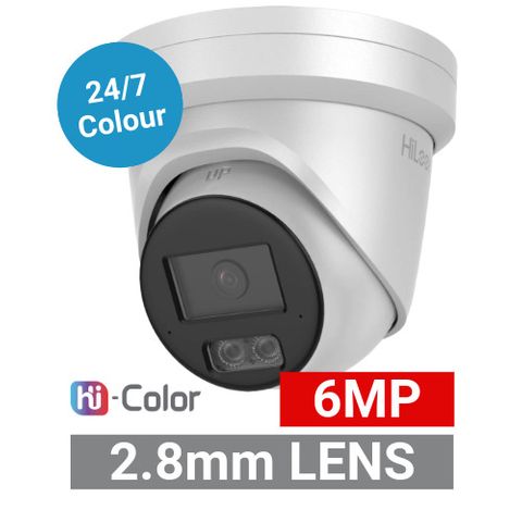 HILOOK, 6MP Smart Hi-Color HD-IP outdoor Turret camera, 24/7 Colour, White, 2.8mm lens, 30m White LED, Person and Vehicle classification, WDR, Dual Audio, IP67, 12V DC/POE