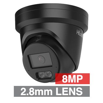 HILOOK, 8MP Smart Hi-Color HD-IP outdoor Turret camera, 24/7 Colour, Black, 2.8mm lens, 30m White LED, Person and Vehicle classification, WDR, Dual Audio, IP67, 12V DC/POE
