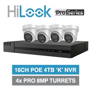HILOOK, 16CH HiColor HD-IP turret 8MP KPro kit, Includes 1x NVR-216MH-K/16P-4TPRO 16ch POE NVR w/ 4TB HDD & 8x IPC-T581H-MU-2.8 8MP IP Color turret cameras w/ 2.8mm fixed lens