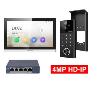 HIKVISION, HD-IP intercom kit, includes 1 xDS-KV6124-WBE1 door station, 1 x DS-KH6350-WTE1 black room station, 1 x 4 Port POE switch, 1x Doorstation rain shield & Surface mount.