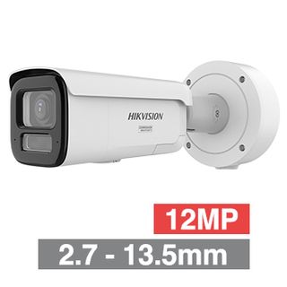 HIKVISION, 12MP AI Smart Hybrid ColorVu G3 Dual Illumination Bullet camera, White, 2.7-13.5mm motorised zoom lens, 60m IR/White Light, WDR, 1/1.8&rdquo; CMOS, H.265+, IP67, IK10, Tri-axis, 12V DC/POE