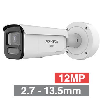 HIKVISION, 12MP AI Smart Hybrid ColorVu G3 Dual Illumination Bullet camera, White, 2.7-13.5mm motorised zoom lens, 60m IR/White Light, WDR, 1/1.8&rdquo; CMOS, H.265+, IP67, IK10, Tri-axis, 12V DC/POE