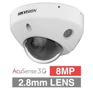 HIKVISION, 8MP AcuSense G3 HD-IP outdoor Vandal Mini Dome camera w/ audio, White, 2.8mm fixed lens, 30m IR, WDR, Microphone, I/O (Alarm & Audio), 1/1.8&rdquo; CMOS, H.265+, IP67, IK08, Tri-axis, 12V DC/POE