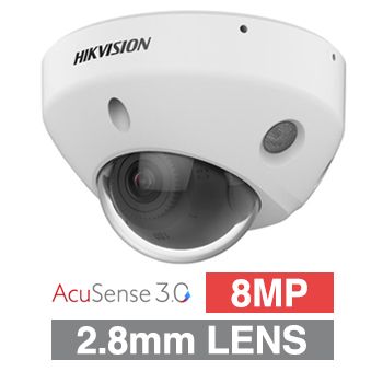 HIKVISION, 8MP AcuSense G3 HD-IP outdoor Vandal Mini Dome camera w/ audio, White, 2.8mm fixed lens, 30m IR, WDR, Microphone, I/O (Alarm & Audio), 1/1.8&rdquo; CMOS, H.265+, IP67, IK08, Tri-axis, 12V DC/POE