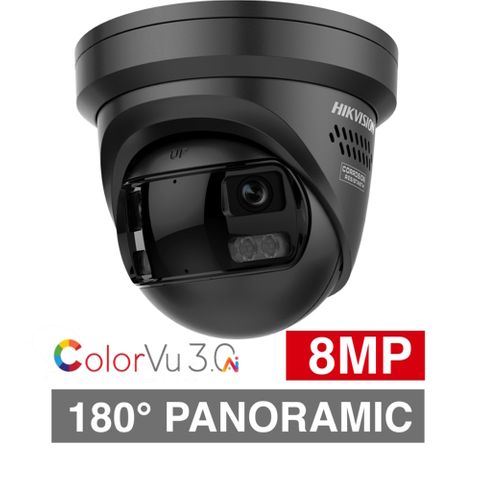 HIKVISION, 8MP ColorVu G3 HD-IP outdoor Panoramic Turret camera Black w/ 2-way audio, strobe & audible alarm (LiveGuard), White+IR 30m, 2.8mm fixed lens, WDR, Microphone, I/O (Alarm/Audio), IP67