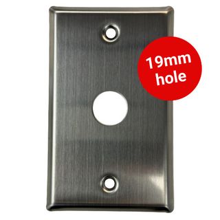 Stainless steel exit blank plate with a 19mm button opening for hardwired access-control installations.