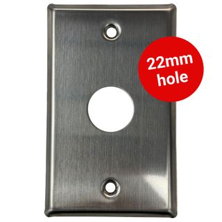 Stainless steel exit blank plate with a 22mm button opening for hardwired access-control installations.