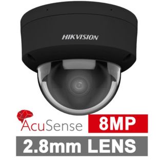 HIKVISION, 8MP AcuSense G2 HD-IP outdoor Vandal Dome camera w/ audio, Black, 2.8mm fixed lens, 30m IR, WDR, Microphone, I/O (Alarm & Audio), 1/1.8&rdquo; CMOS, H.265+, IP67, IK10, Tri-axis, 12V DC/POE