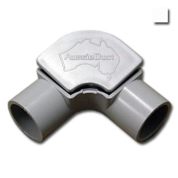 AUSSIEDUCT, 20mm, Inspection elbow, White, With clip on lid, Suits medium duty 20mm telecomms conduit