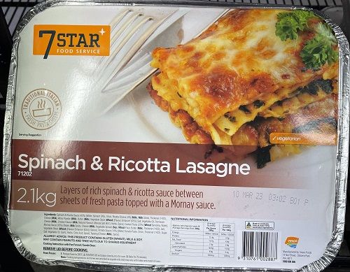 MEAL SPINACH & RICOTTA LASAGNE 2.1KG (6CTN) 7 STAR