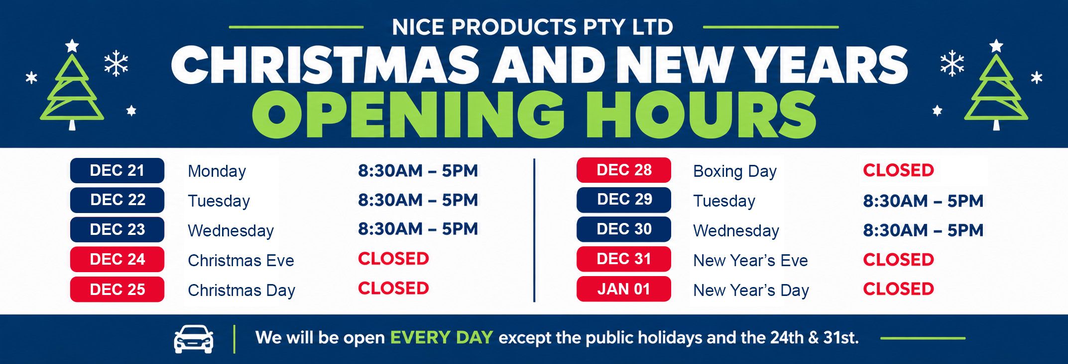 2026/2027 Christmas Opening Hours