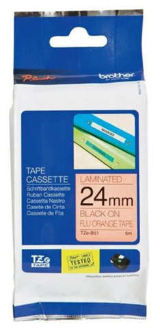 Brother TZe-B51 24mm x 8m Black on Orange Fluro Tape