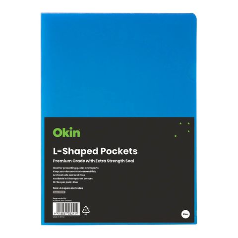 OKIN L Shaped Pockets A4 Blue, Pack of 12