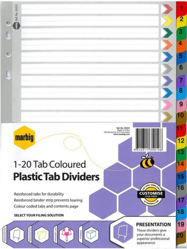 A4 Coloured Plastic Dividers, 1-20 tab