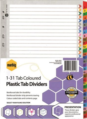 A4 Coloured Plastic Dividers 1-31 TAB