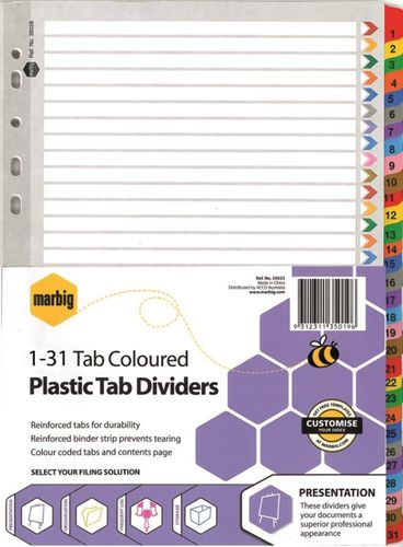 A4 Coloured Plastic Dividers 1-31 TAB