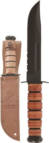 KA-BAR 1218 FIGHTING/UTILITY KNIFE, USMC, Serrated Edge, Leather Sheath