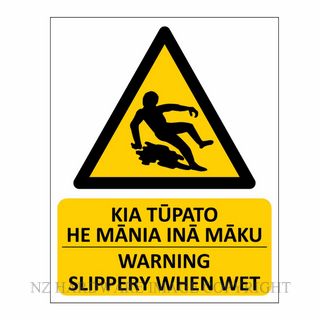 NZH  CYO-MW93S PVC SIGN WARNING SLIPPERY WHEN WET-KIA TUPATO BILINGUAL TE ROE MAORI SIGN PVC