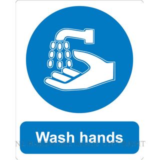 MARKIT GRAPHICS PVCI1250 WASH HANDS SIGN 240X300MM WHITE ON BLUE
