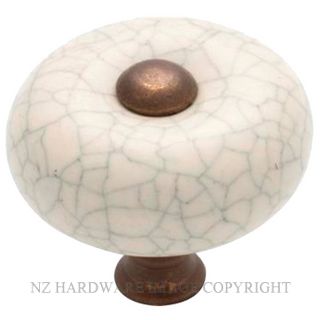 TRADCO 3042 AB PORCELAIN KNOB CRAZED IVORY 32MM ANTIQUE BRASS