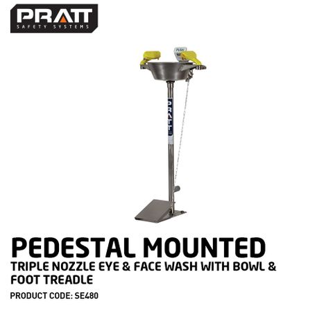 PRATT PEDESTAL MOUNTED TRIPLE NOZZLE EYE & FACE WASH WITH BOWL & FOOT TREADLE