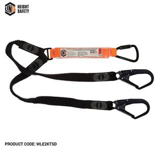 LANYARD LINQ TWIN LEG ELASTIC 2M C/W TRIPPLE ACTION KARABINER & 2 X D/ACTION SCAFF HOOKS