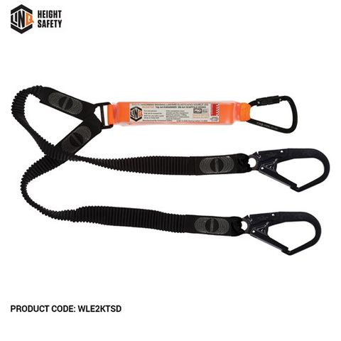 LANYARD LINQ TWIN LEG ELASTIC 2M C/W TRIPPLE ACTION KARABINER & 2 X D/ACTION SCAFF HOOKS