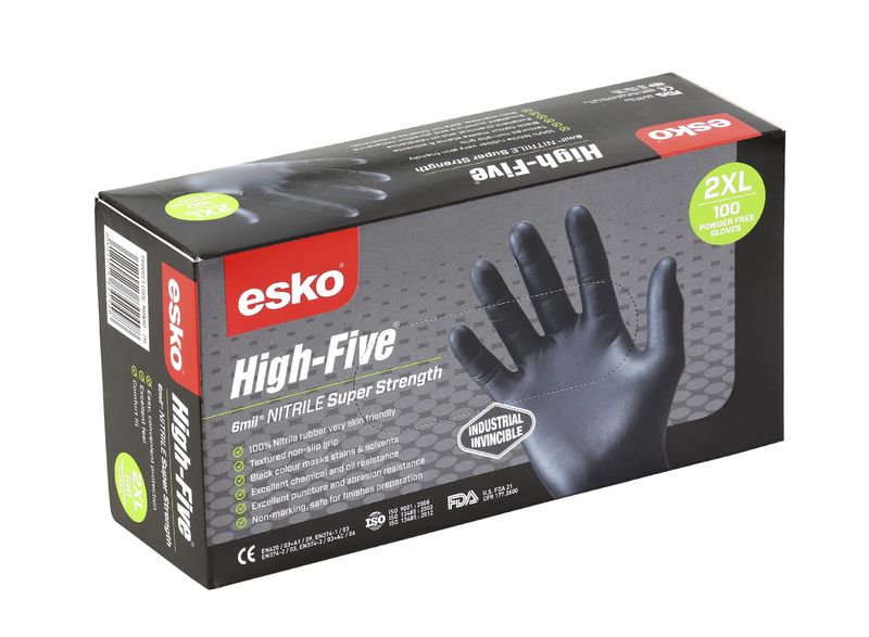 Esko High Five Disposable Heavy Duty Nitrile Gloves Powder Free Black Box 100
