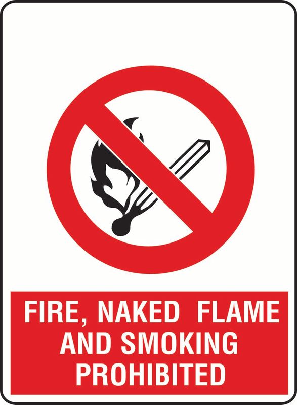 Fire, Naked Flame And Smoking Prohibited (Words In Red Box) PVC