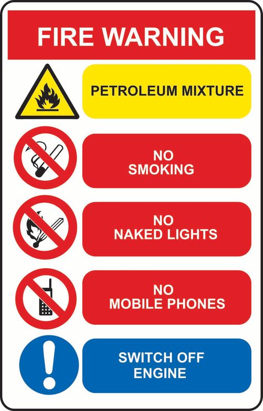 Fire Warning, Petroleum Mixture, No Smoking, No Naked Lights, No Mobile Phones, Switch Of Engine ACM
