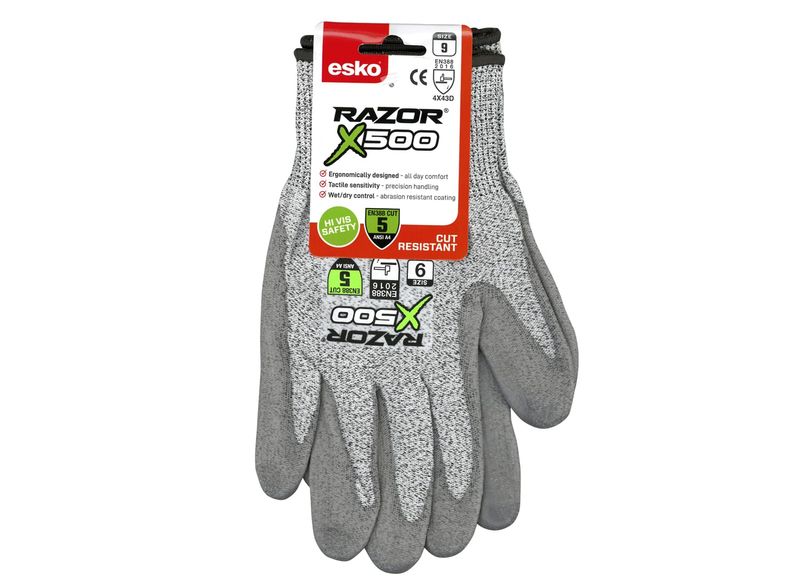 Esko Razor X500 Gloves PU Coated Cut Resistant Level 5 HPPE Fibre Liner With Header Card Grey