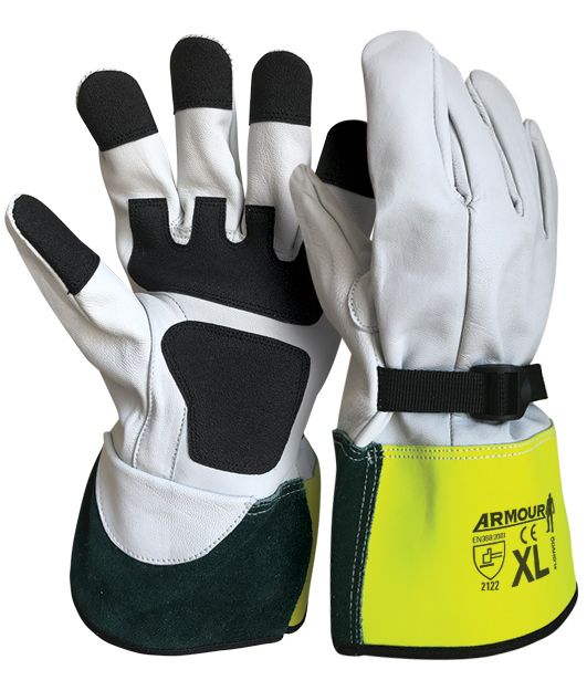 Safety Armour High Voltage Leather Overglove Kevlar Stitched Hi Vis Cuff Wrist Strap And FR Palm Grip - 30cm