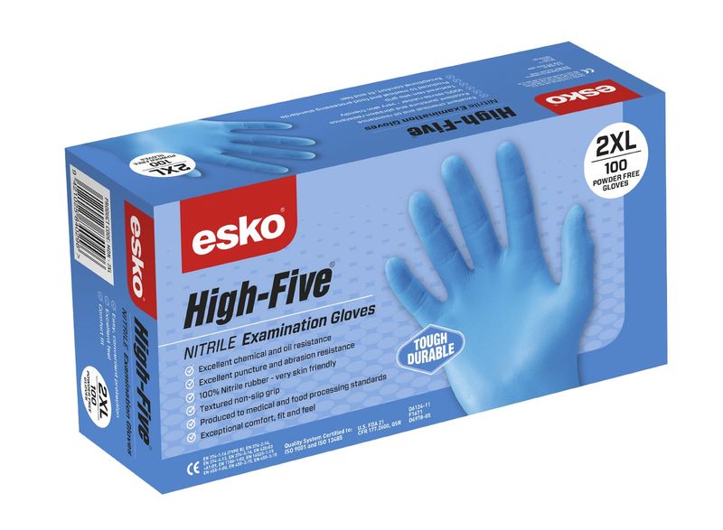 Esko High Five Disposable Nitrile Exam Gloves Powder Free Blue Box 100