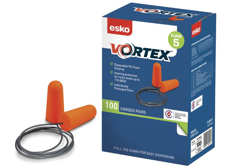 Esko Vortex Disposable Corded Class 5 Earplugs SLC 80: 26dB Orange Box 100