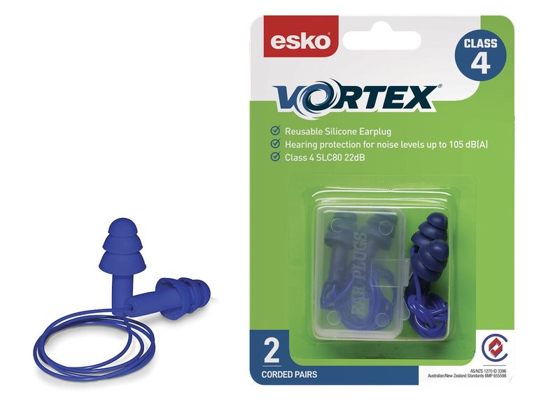 Esko Vortex Reusable TPR Corded Class 4 Earplugs SLC80: 22dB Blue Box 4