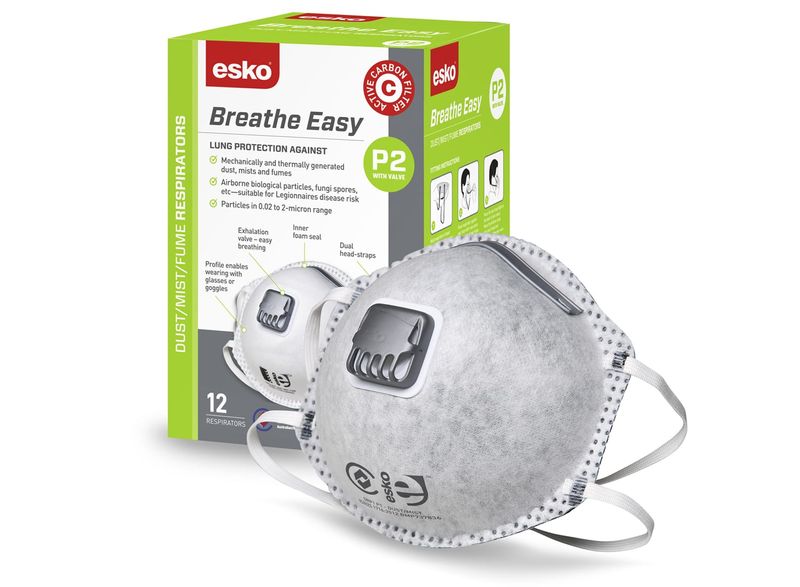 Esko Breathe Easy Dust Mask P2 With Active Carbon Filter And Exhalation Valve Box 12