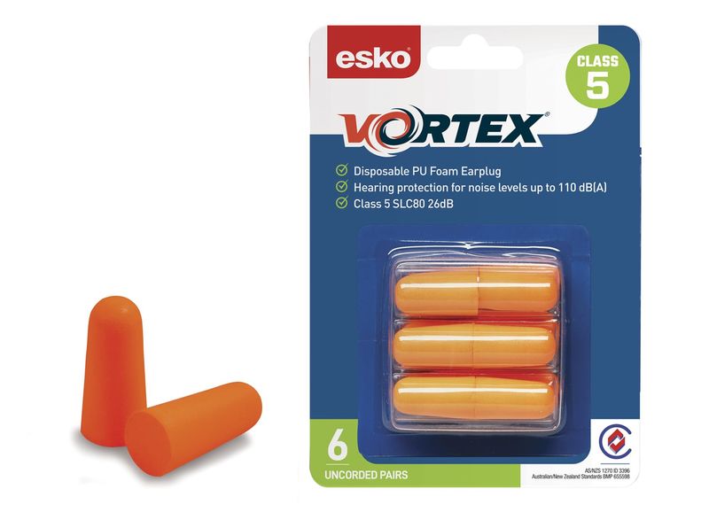 Esko Vortex Disposable Un-Corded Class 5 Earplugs SLC 80: 26dB Orange Box 12