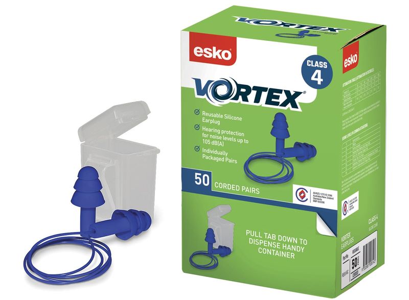 Esko Vortex Reusable TPR Corded Class 4 Earplugs SLC80: 22dB Blue Box 100