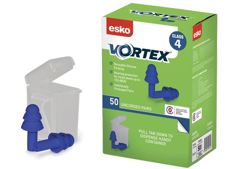 Esko Vortex Reusable TPR Un-Corded Class 4 Earplugs SLC80: 22dB Blue Box 100
