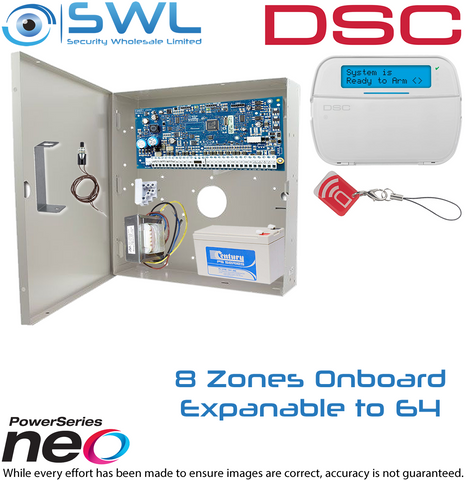 DSC Neo Kit: 8-64 Zone Panel, Cabinet, Transformer, Tamper, LCD KP Prox