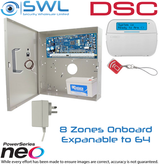 DSC Neo Kit: 8-64 Zone Panel, Cabinet, Plug Pack, Tamper, LCD KP Prox