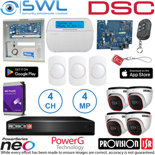 DSC Panel, KP, Bat, COM, 3xPIRs, 1xRemote + Provision Kit: 4ch NVR, 1Tb, 4 x 4mp